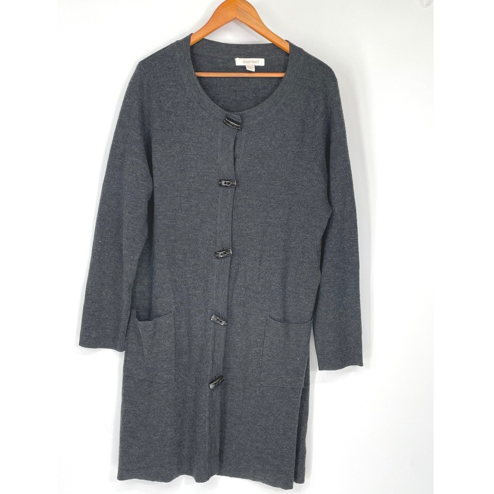 Ellen Tracy Womens Cardigan 3X Sweater Gray Merino Wool Blend Toggle Button
